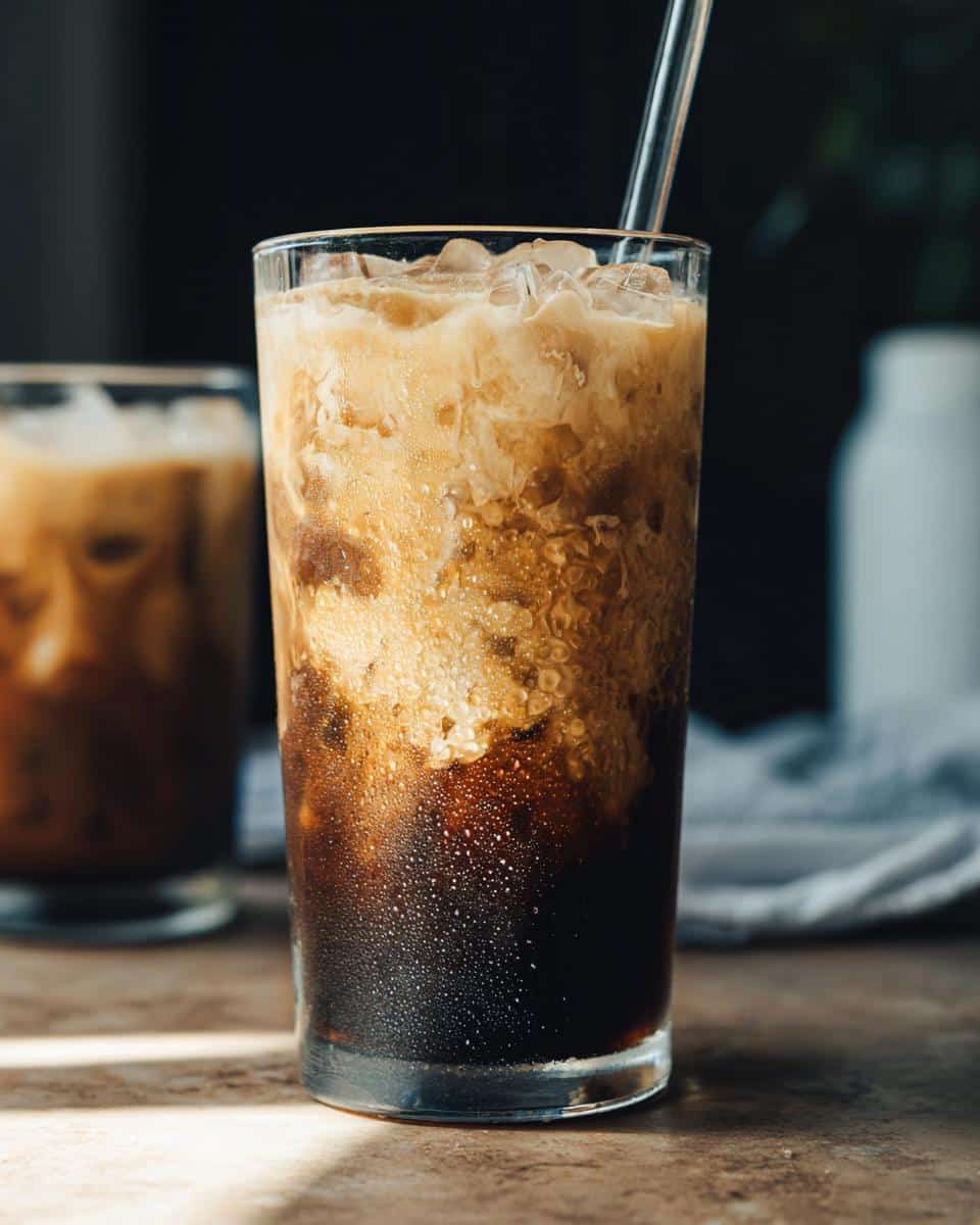 Close-up of a tall glass filled with Brown Sugar Oatmilk Shaken Espresso, showing layers of dark coffee and frothy oat milk.