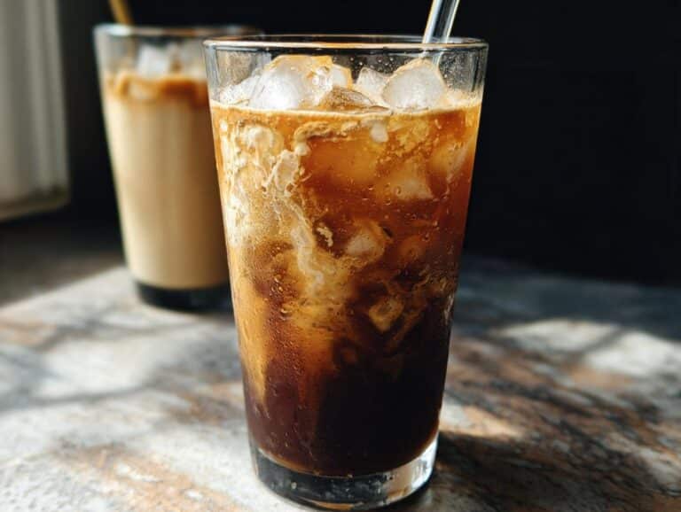 Close-up of a tall glass filled with ice, dark coffee, and swirling oatmilk for a Brown Sugar Oatmilk Shaken Espresso.