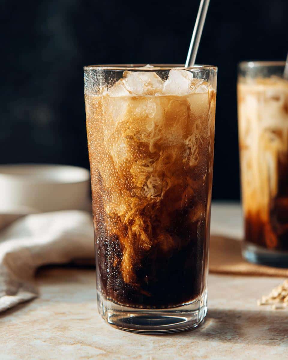 Close-up of a tall glass filled with ice and a Brown Sugar Oatmilk Shaken Espresso, showing the creamy oatmilk swirling into the dark coffee.