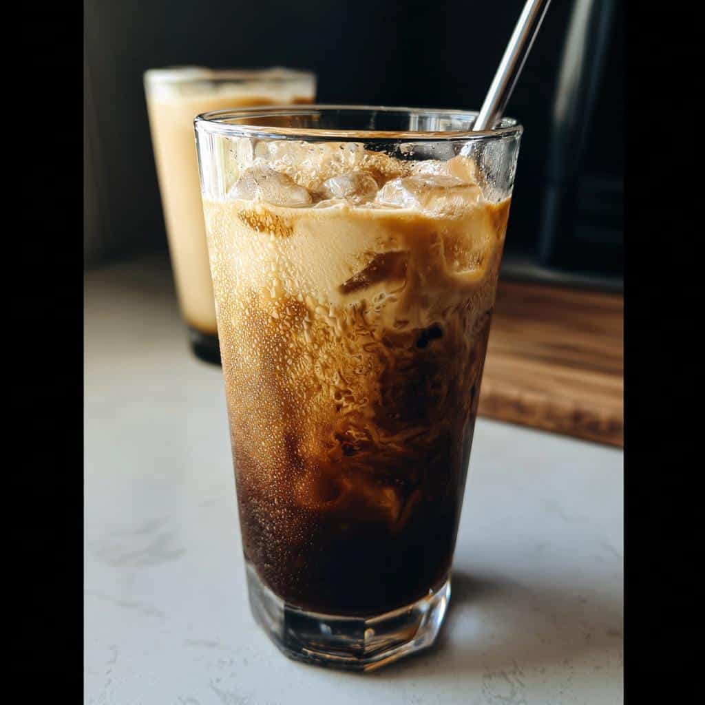Close-up of a Brown Sugar Oatmilk Shaken Espresso with ice, showing the rich swirl of coffee and oatmilk.