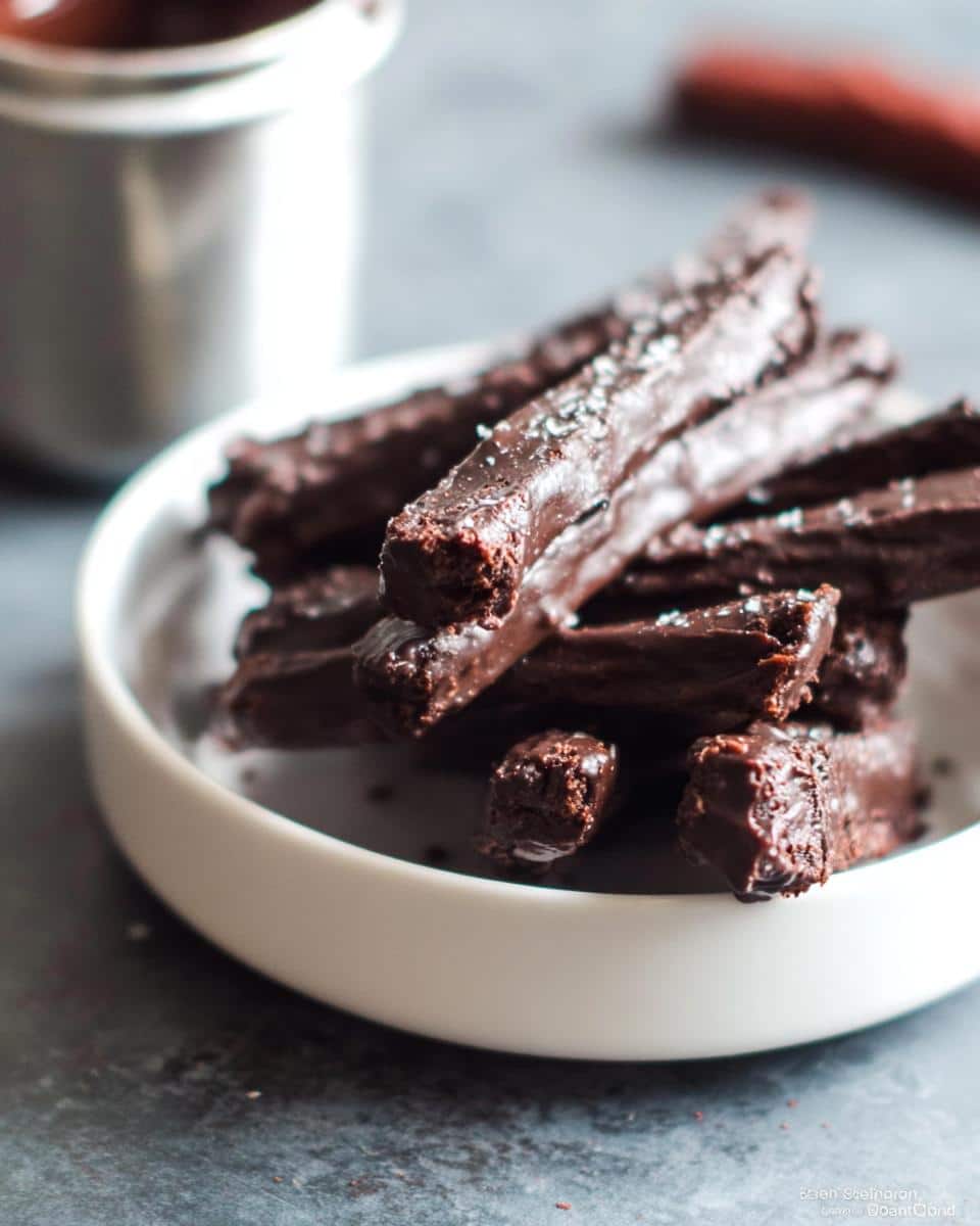 A pile of rich, chocolate-dipped Brownie French Fries sprinkled with sea salt in a white bowl.
