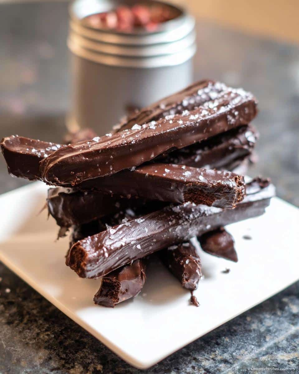 A stack of rich, chocolate-dipped Brownie French Fries sprinkled with flaky sea salt on a white plate.