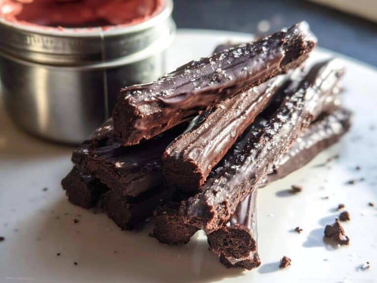 A stack of chocolate-dipped, sea salt-sprinkled Brownie French Fries on a white plate.