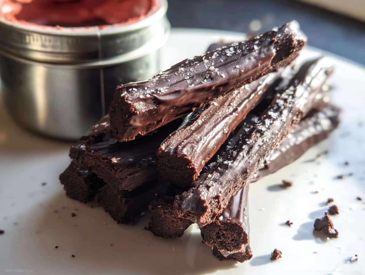 A stack of chocolate-dipped, sea salt-sprinkled Brownie French Fries on a white plate.