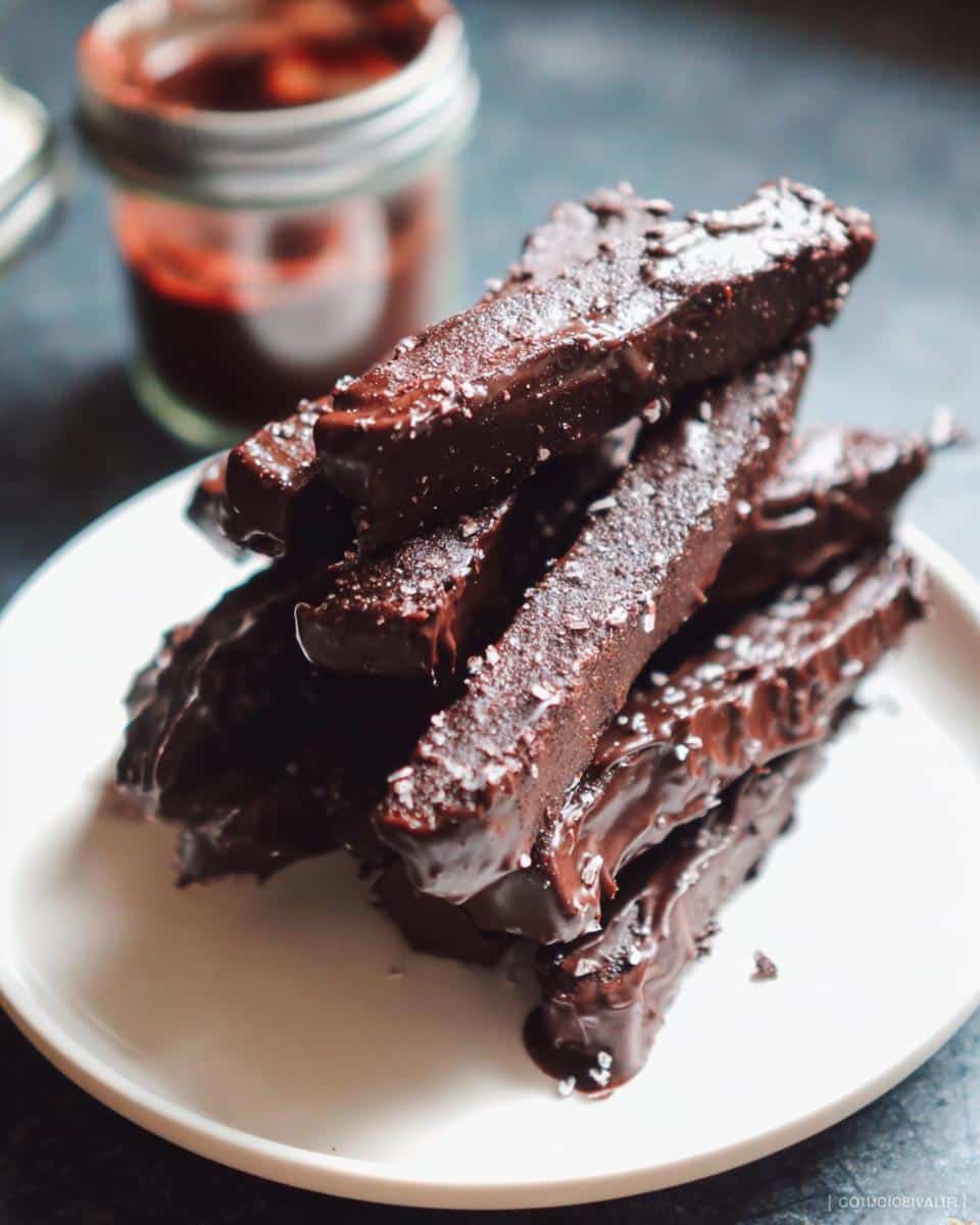A stack of rich, chocolate-dipped brownie French fries sprinkled with sea salt on a white plate.