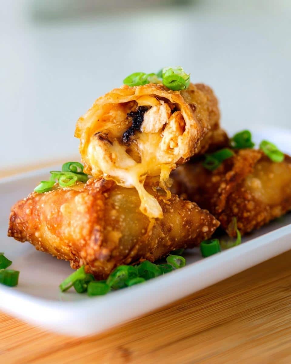 Close-up of crispy Cajun Chicken Egg Rolls cut open, showing melted cheese stretching out, garnished with green onions.