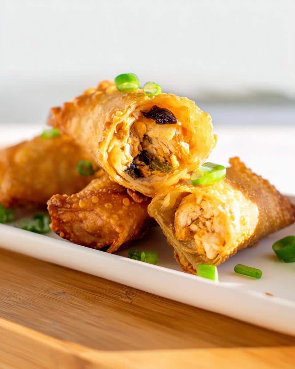 Close-up of crispy Cajun Chicken Egg Rolls, one cut open showing the chicken filling and garnished with green onions.