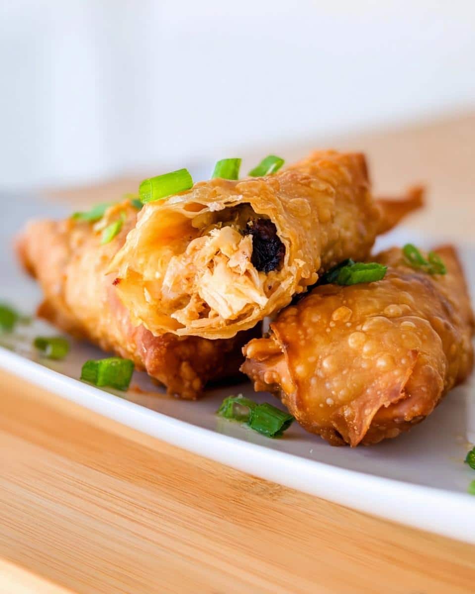 Close-up of crispy Cajun Chicken Egg Rolls, one cut open to show shredded chicken filling, garnished with green onions.