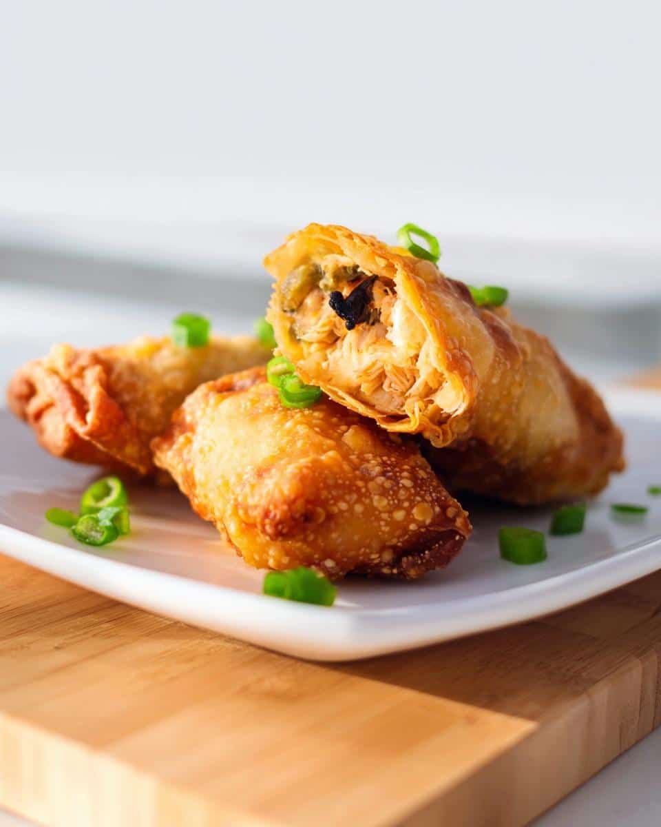 Close-up of crispy Cajun Chicken Egg Rolls, one cut open showing the shredded chicken filling.