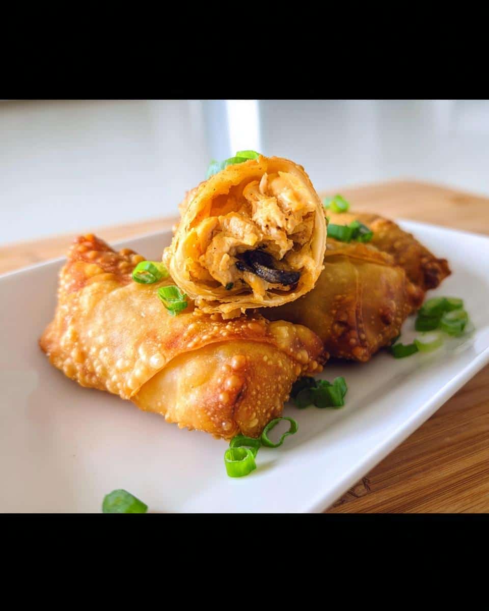 Close-up of crispy Cajun Chicken Egg Rolls, one cut open showing the creamy chicken filling.