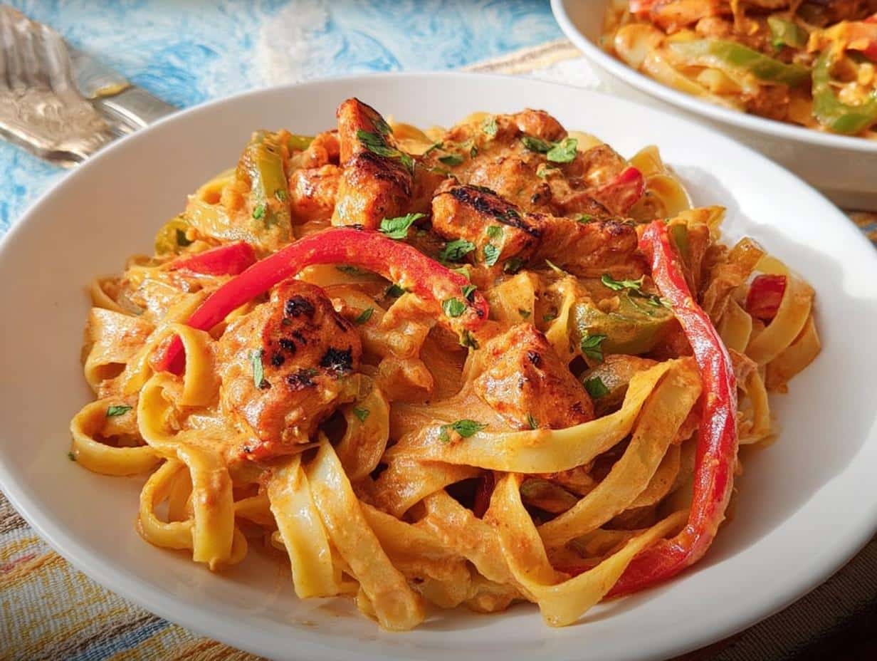 Close-up of creamy Cajun Chicken Pasta featuring fettuccine noodles, seasoned chicken, and sliced red and green bell peppers.
