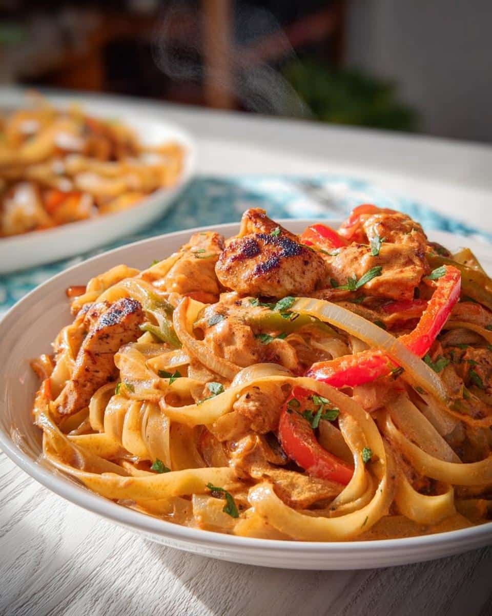 Close-up of a white bowl filled with creamy Cajun Chicken Pasta featuring fettuccine, seared chicken pieces, and bell peppers.