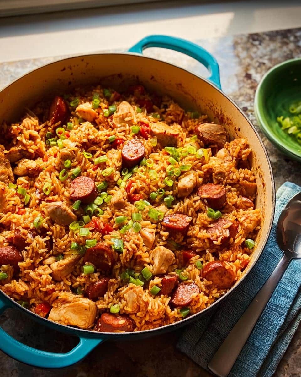 A close-up of flavorful Cajun Jambalaya cooked with chicken and sausage, garnished with green onions.