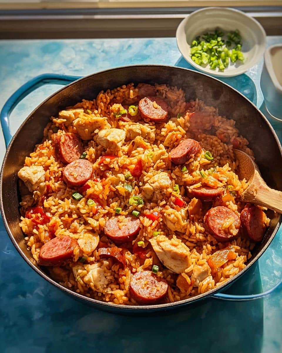 A steaming pot of rich, reddish-brown Cajun Jambalaya featuring chunks of chicken and sliced andouille sausage.