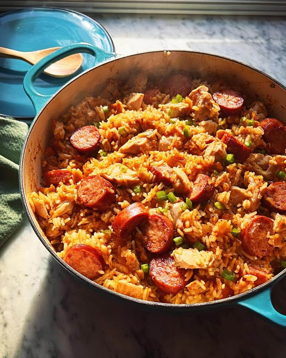 A vibrant, steaming pot of Cajun Jambalaya featuring rice, sliced andouille sausage, chicken pieces, and green onions.