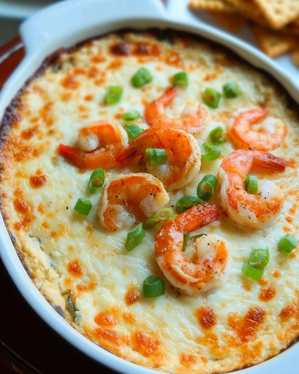 Close-up of hot Cajun Shrimp Dip, baked with melted cheese and topped with seasoned shrimp and green onions.