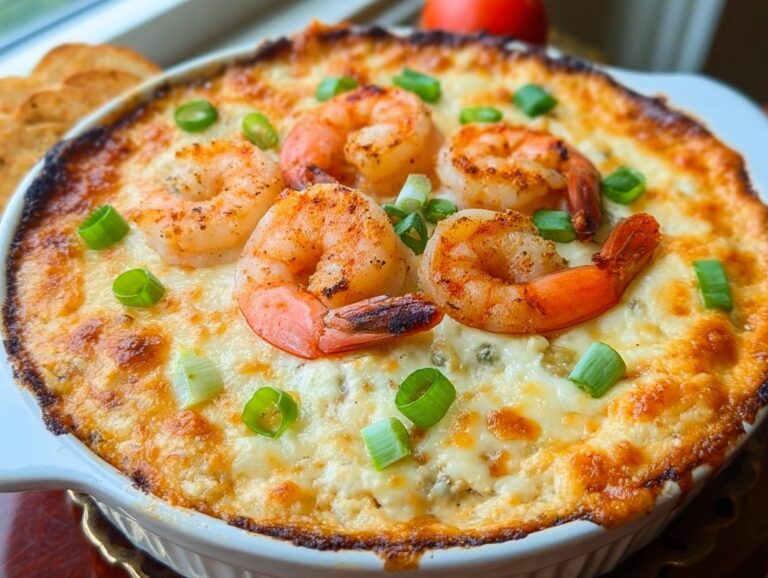 Close-up of a hot, baked Cajun Shrimp Dip topped with seasoned shrimp and green onions.