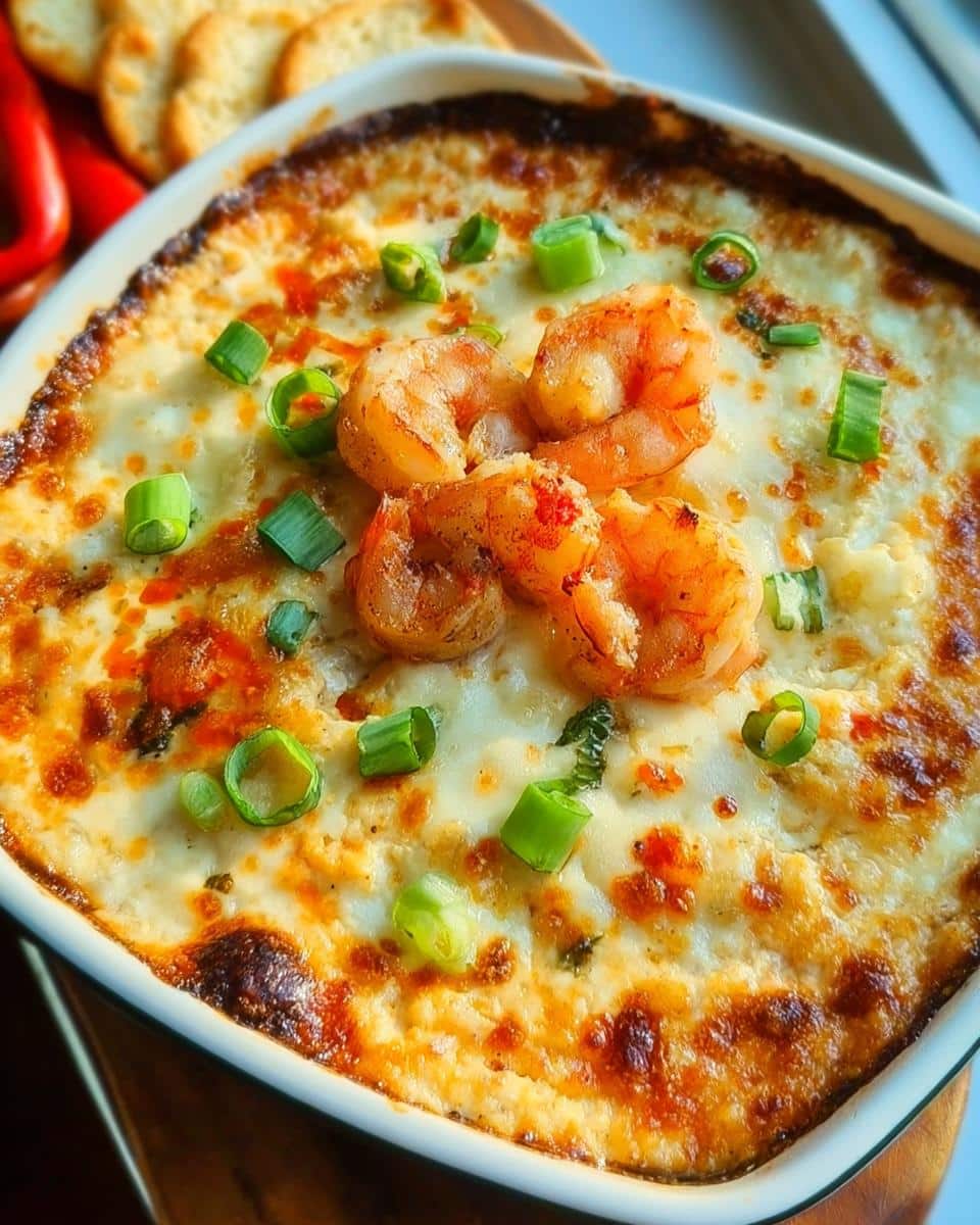 Close-up of hot, baked Cajun Shrimp Dip topped with seasoned shrimp and green onions.
