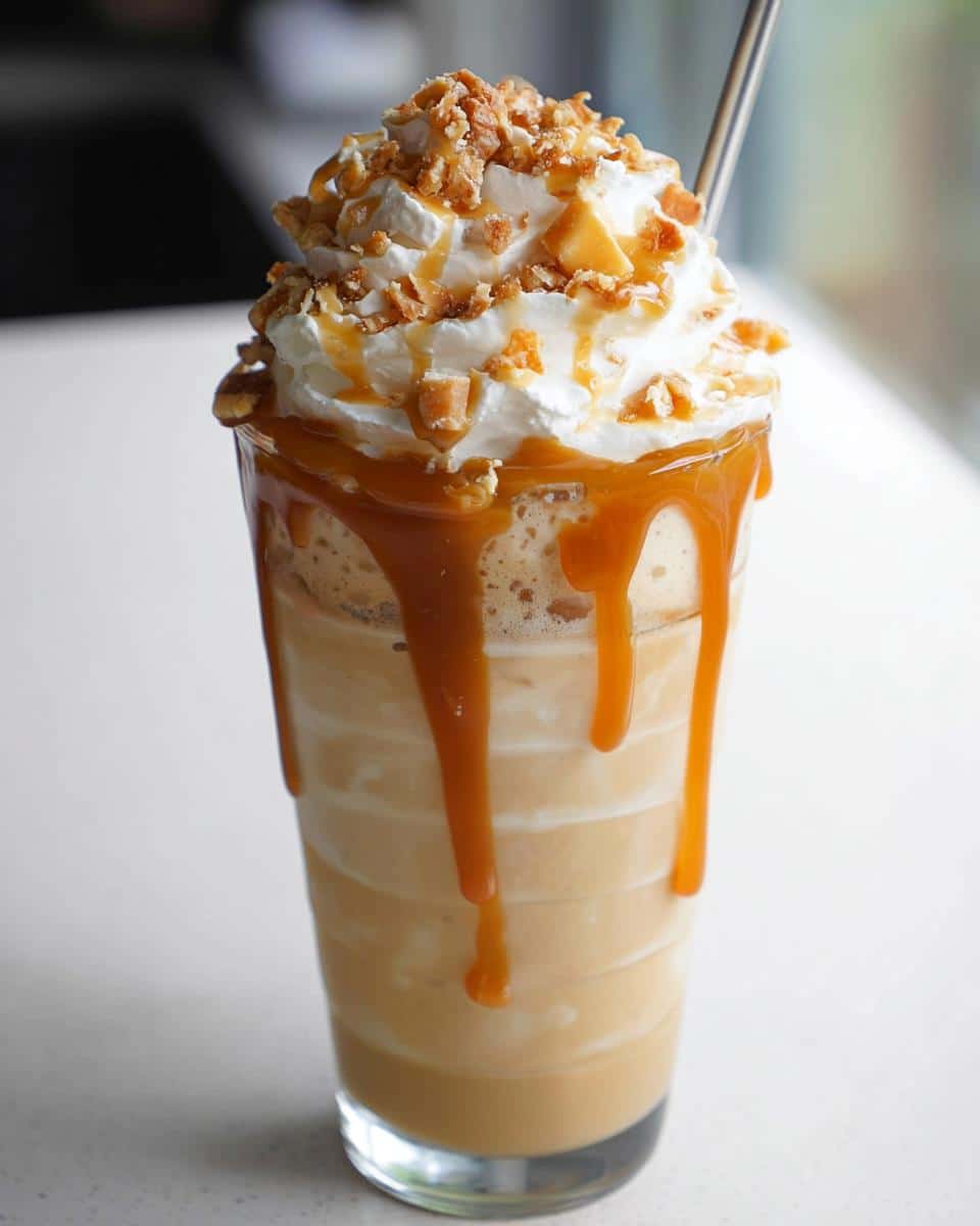 Close-up of a tall glass filled with a Caramel Ribbon Crunch Frappuccino, topped with whipped cream, caramel drizzle, and crunchy bits.