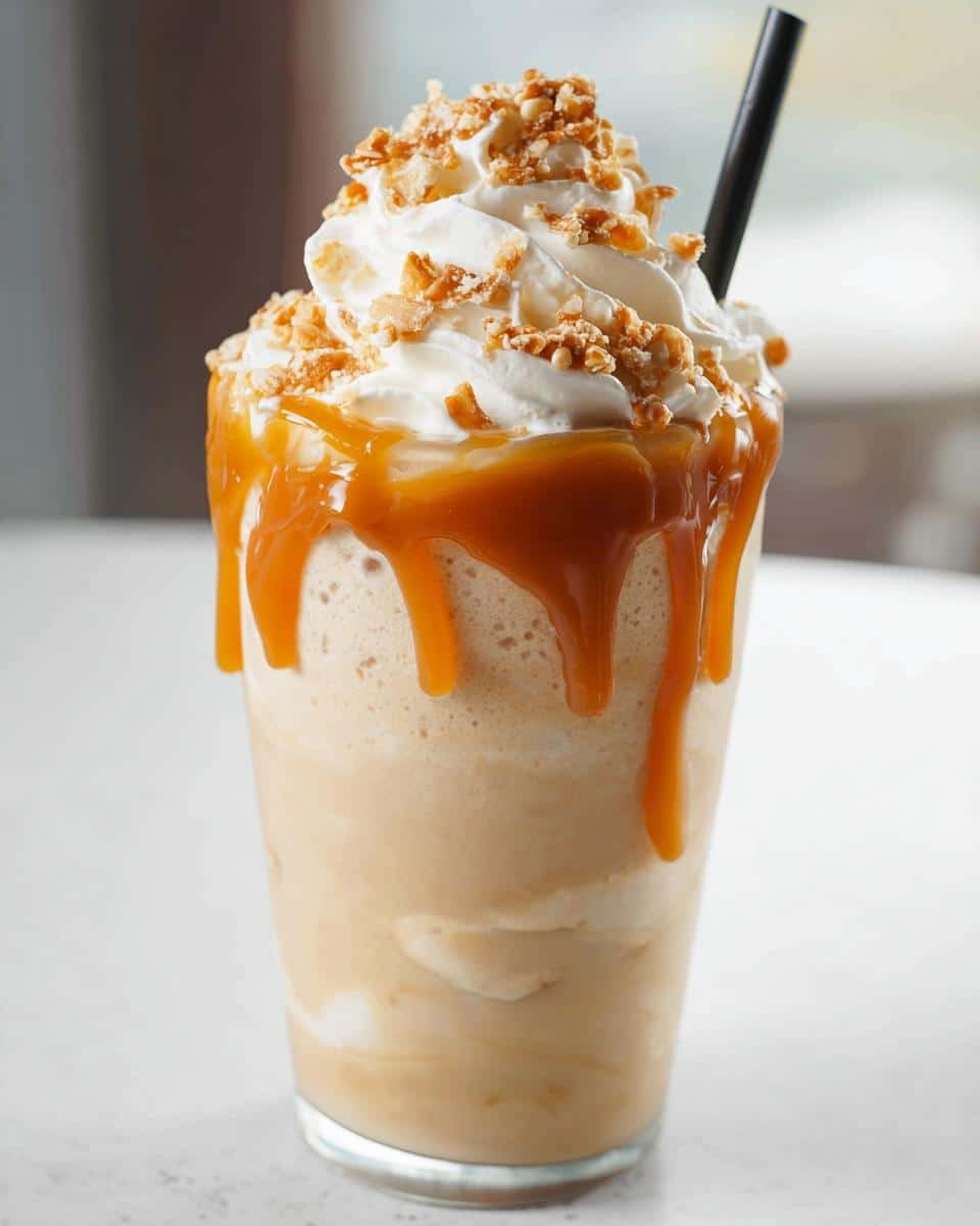 A tall glass filled with a Caramel Ribbon Crunch Frappuccino, dripping with caramel sauce and topped with whipped cream and crunchy bits.