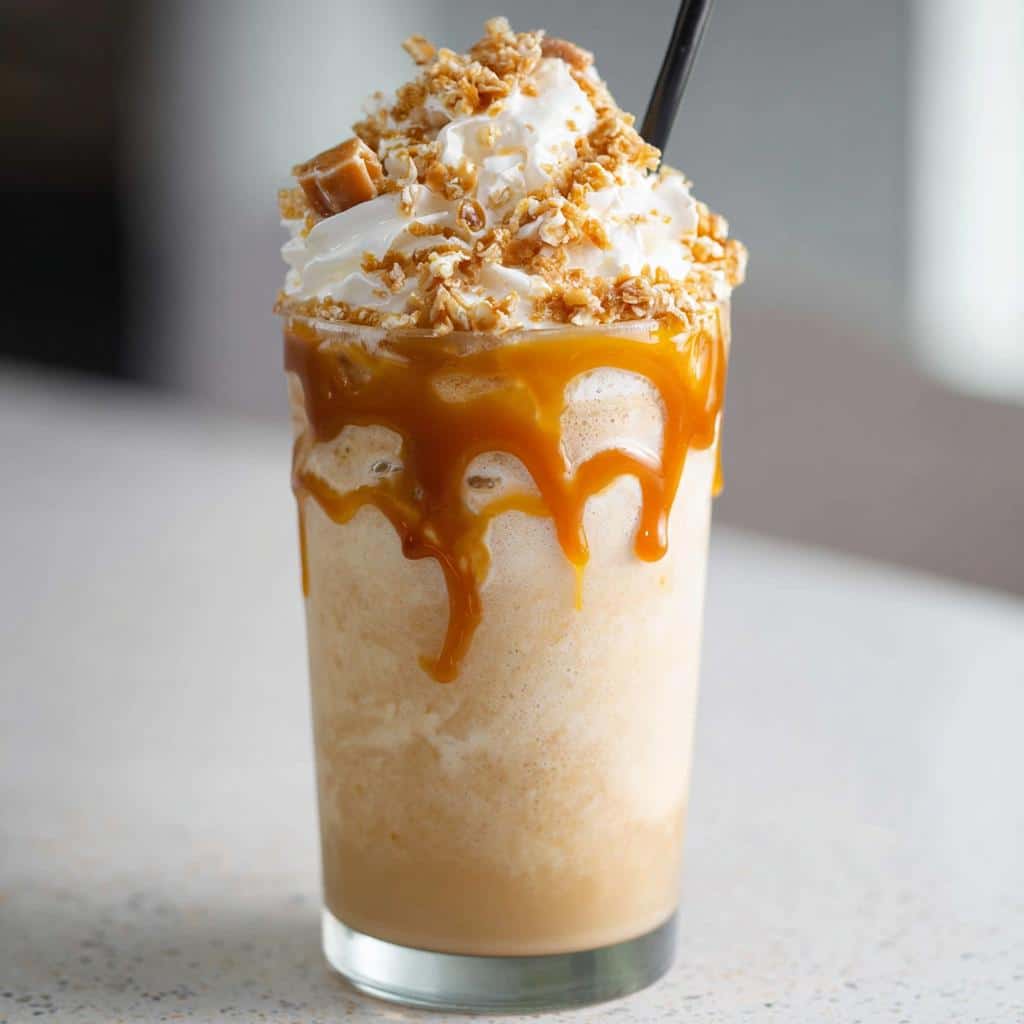 A tall glass filled with a blended Caramel Ribbon Crunch Frappuccino, topped with whipped cream, caramel drizzle, and crunchy topping.