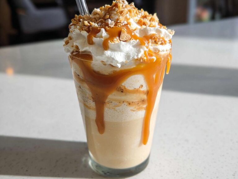A tall glass of Caramel Ribbon Crunch Frappuccino with thick caramel drizzle, whipped cream, and crunchy topping.