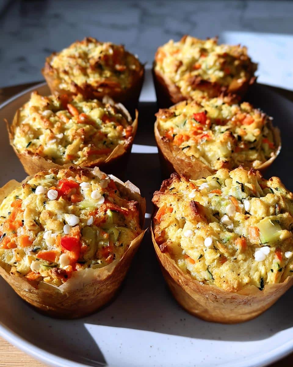 Six freshly baked Cheese and Veggie Gluten-Free Muffins with visible carrots and zucchini on a light plate.