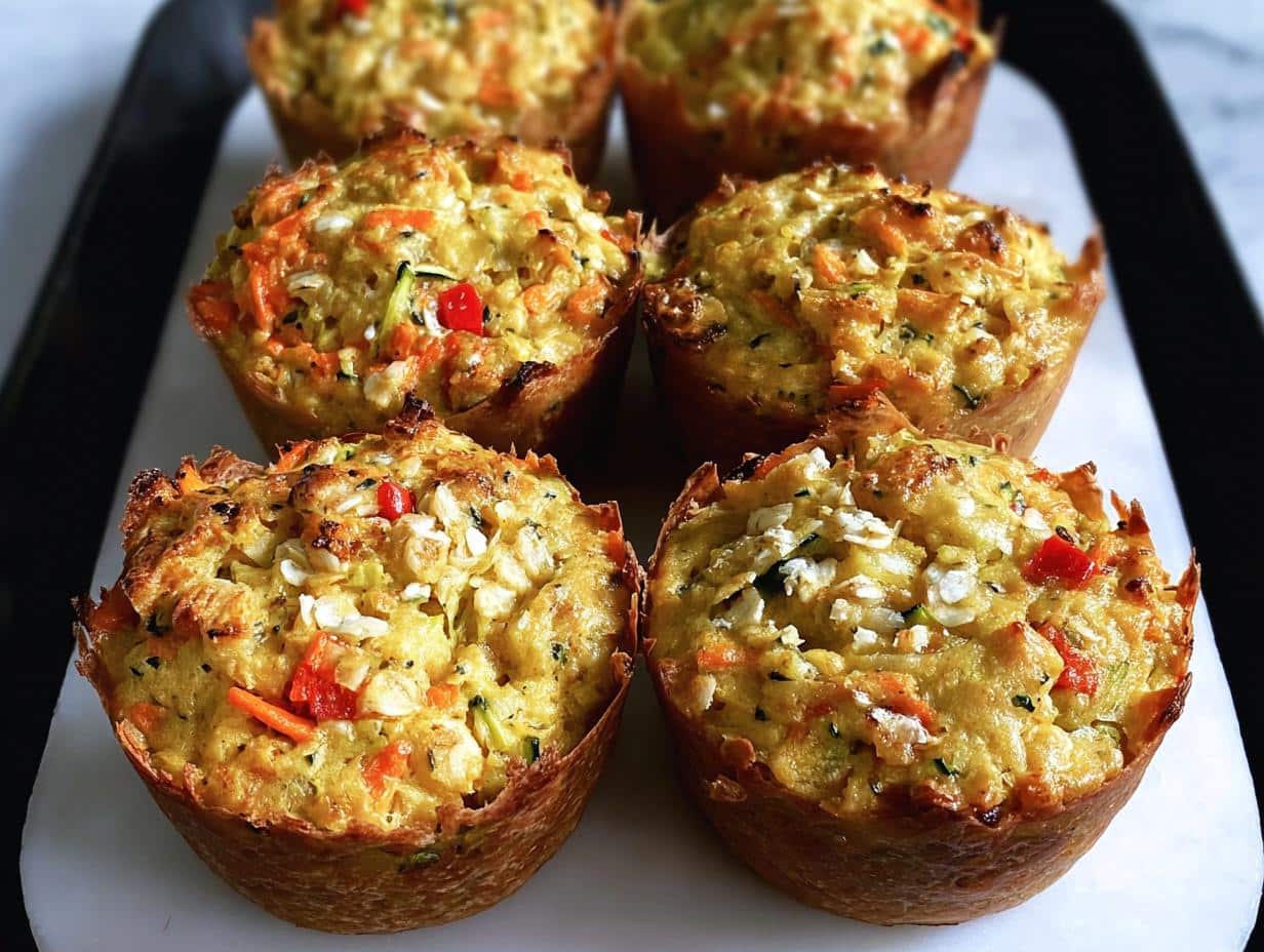 Six baked Cheese and Veggie Gluten-Free Muffins featuring visible shredded carrots, zucchini, and red peppers.
