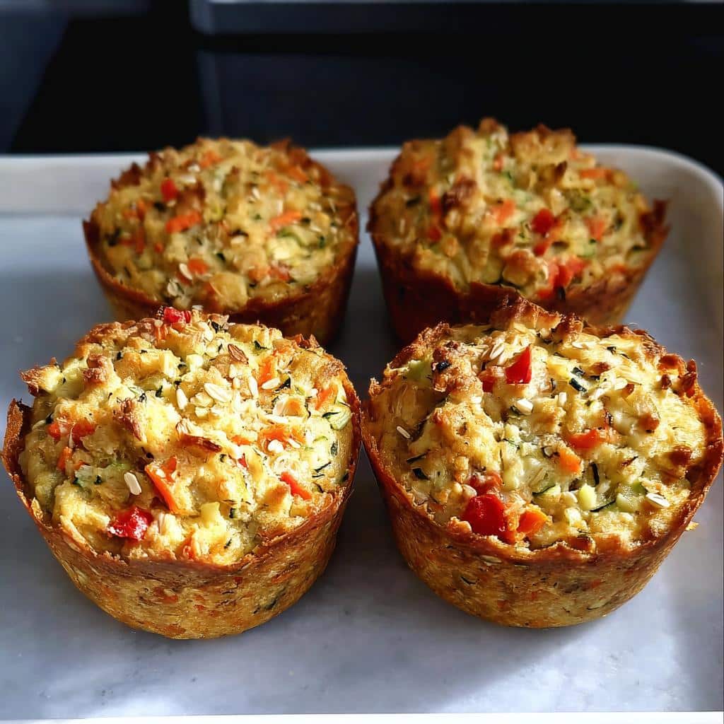 Four golden-brown Cheese and Veggie Gluten-Free Muffins, studded with visible pieces of zucchini and red pepper.