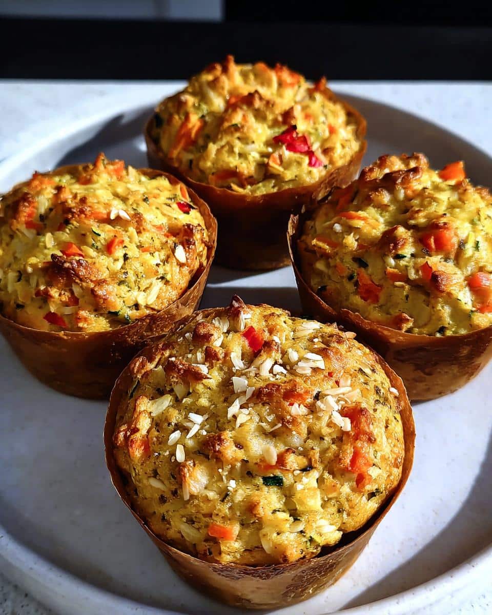 Four golden-brown Cheese and Veggie Gluten-Free Muffins topped with cheese shreds on a light plate.