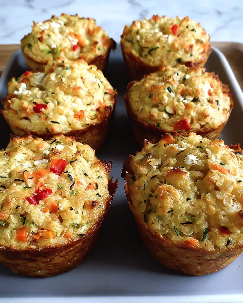 Six freshly baked Cheese and Veggie Gluten-Free Muffins with visible zucchini, peppers, and feta cheese topping.