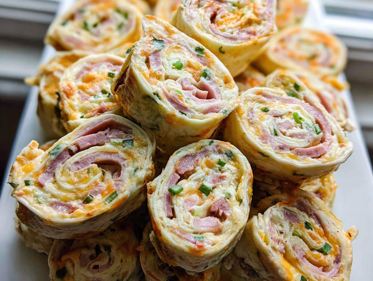 A pile of freshly baked Cheesy Baked Tortilla Roll-Ups featuring layers of ham, melted cheese, and green onions.