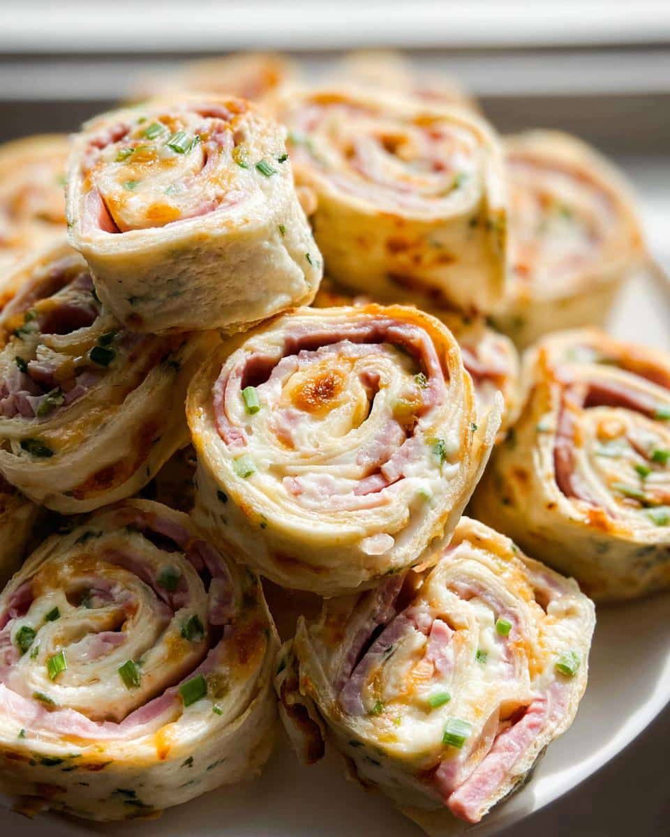 A pile of baked Cheesy Baked Tortilla Roll-Ups showing layers of ham, melted cheese, and green chives.
