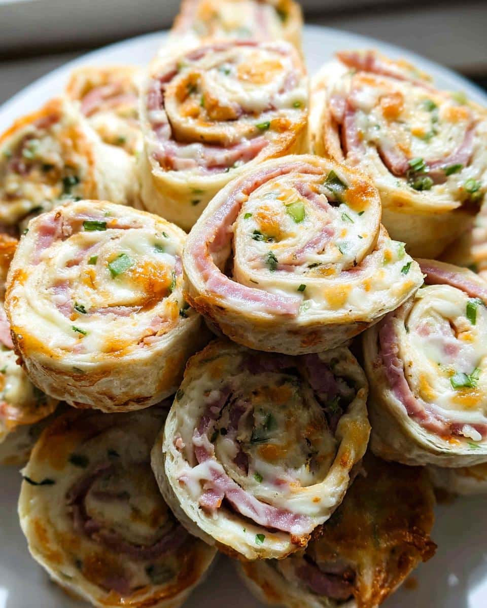 A close-up photo of a stack of golden-brown Cheesy Baked Tortilla Roll-Ups filled with ham and melted cheese.