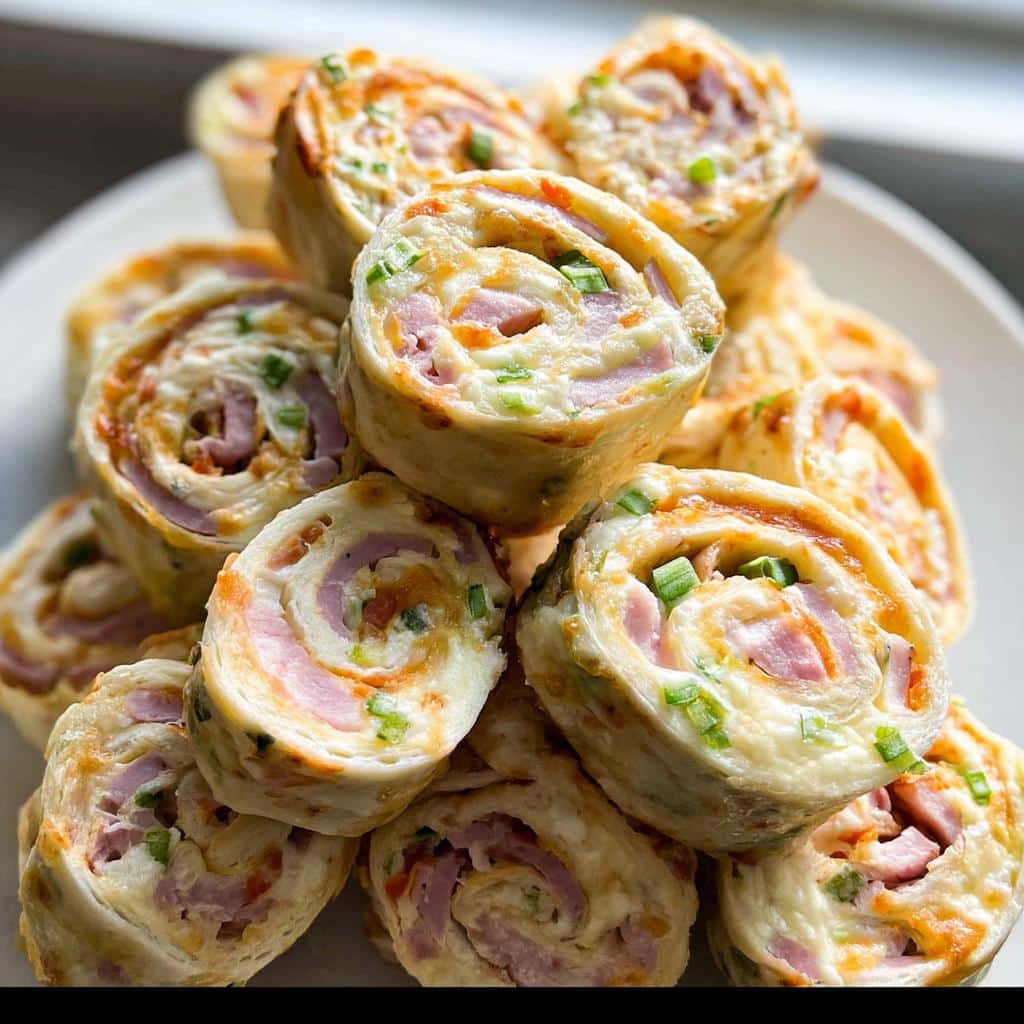 Close-up of a pile of baked Cheesy Baked Tortilla Roll-Ups filled with ham, cheese, and green onions.