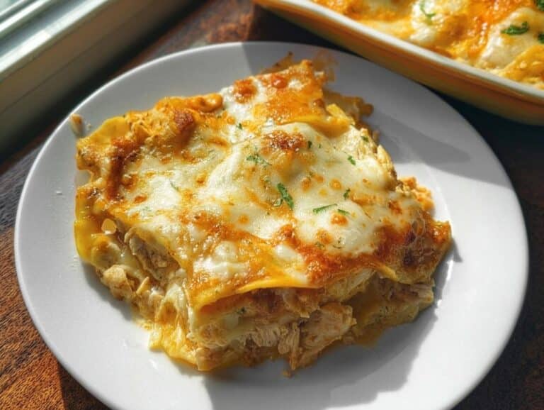 A slice of cheesy Chicken Enchilada Casserole served on a white plate, with the baking dish visible in the background.