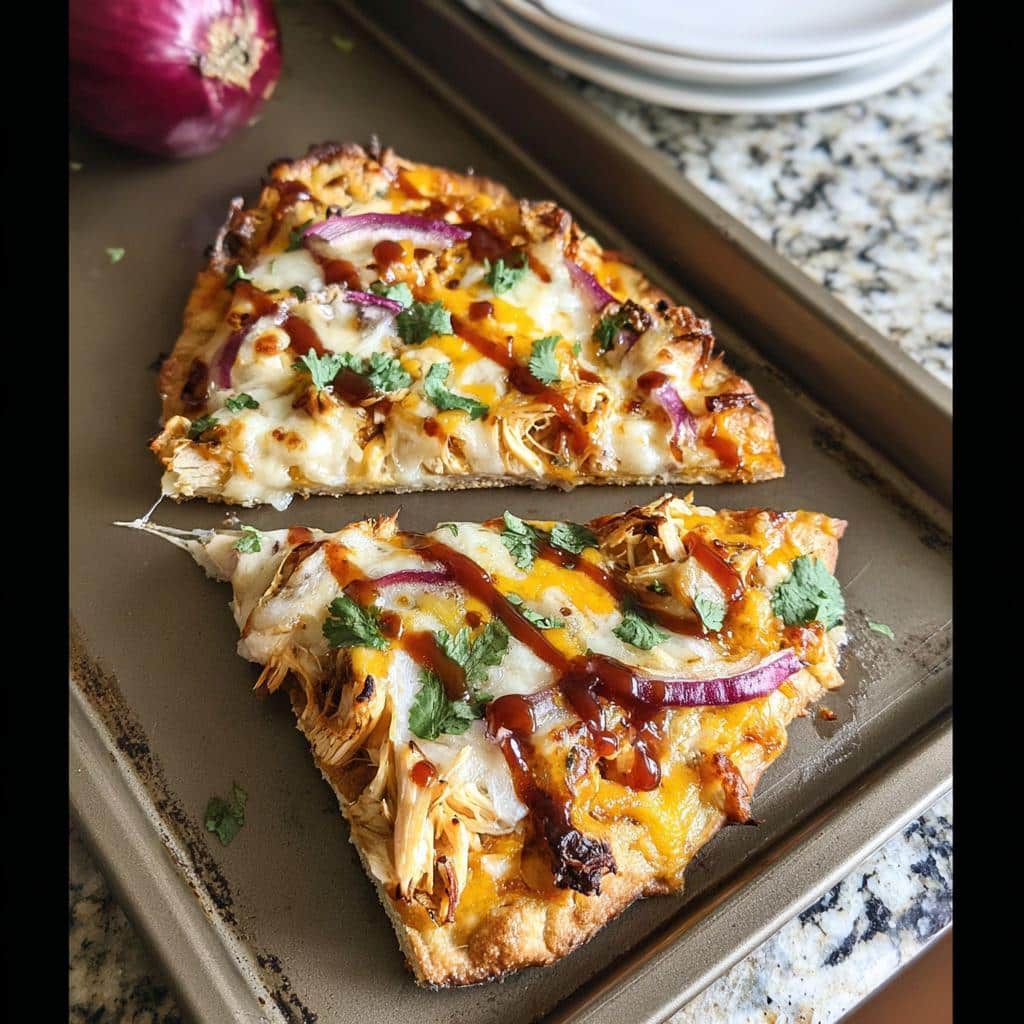 Two slices of Cheesy Chicken Flatbread Pizza topped with melted cheese, red onion, and BBQ sauce.