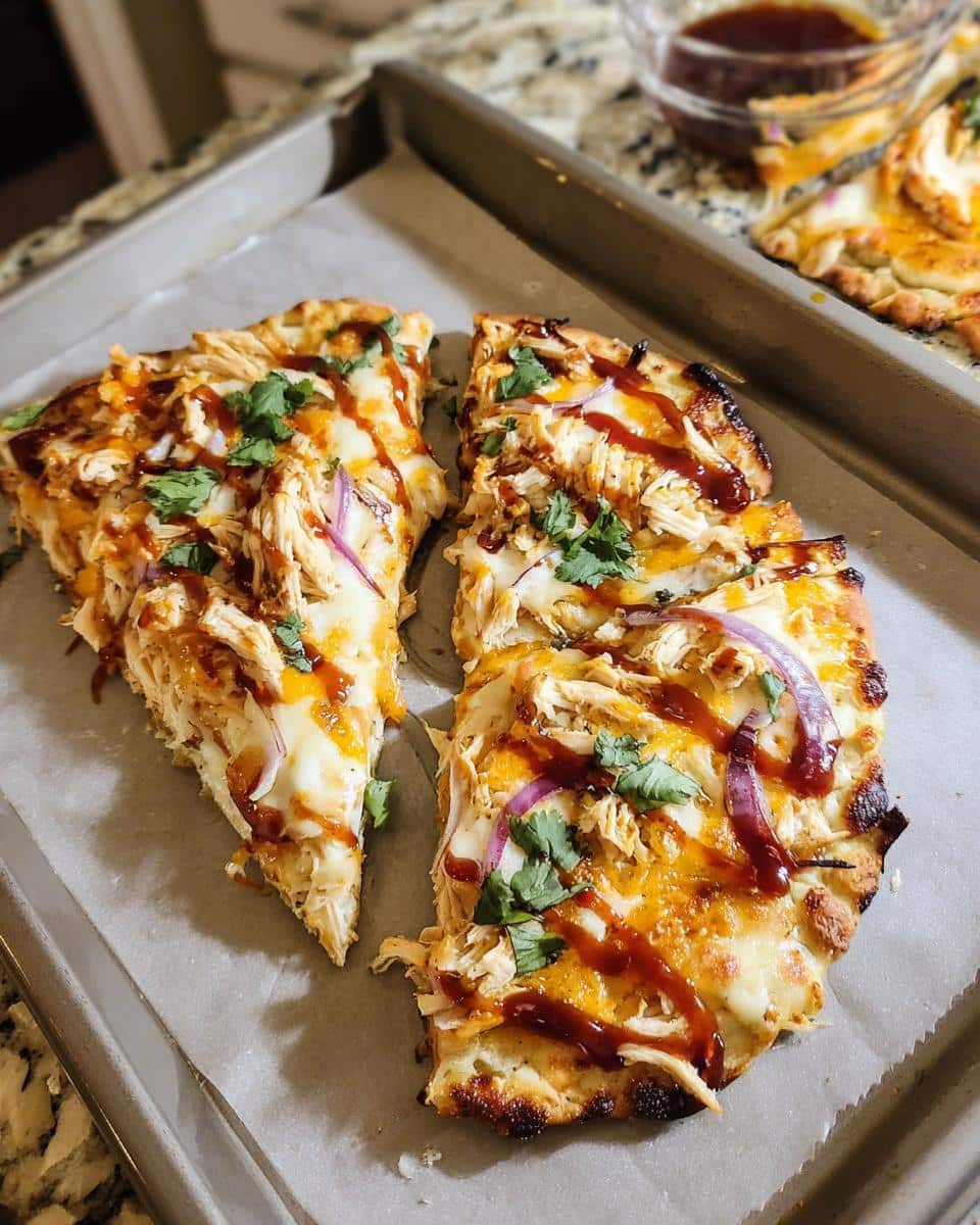 Close-up of three slices of Cheesy Chicken Flatbread Pizza topped with BBQ sauce, red onion, and cilantro.
