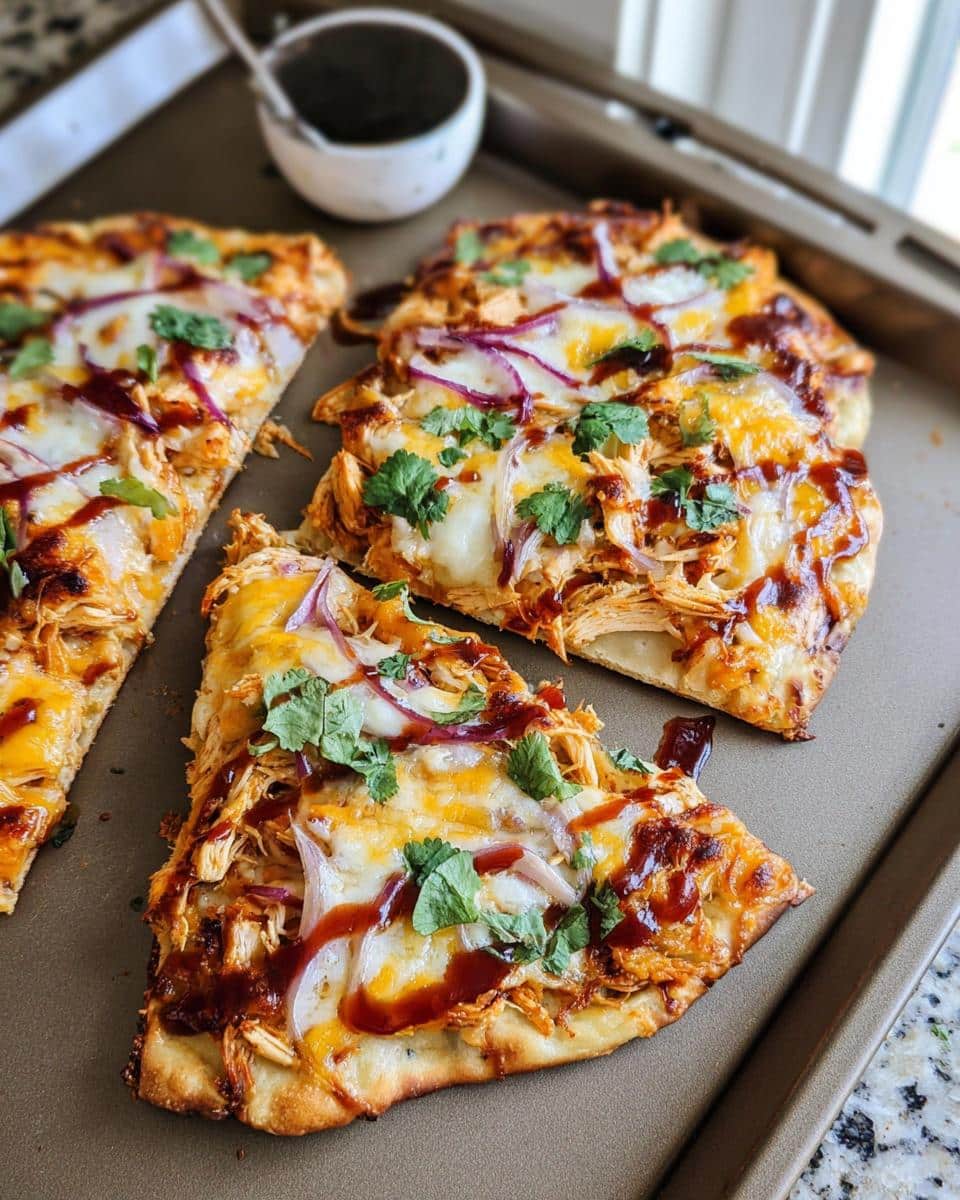 Close-up of three slices of Cheesy Chicken Flatbread Pizza topped with melted cheese, red onion, and cilantro.