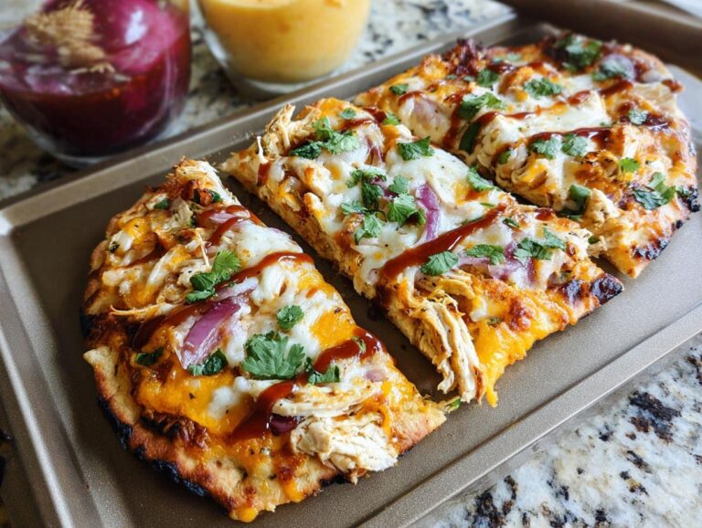 Three slices of Cheesy Chicken Flatbread Pizza topped with melted cheese, red onion, and cilantro on a baking sheet.