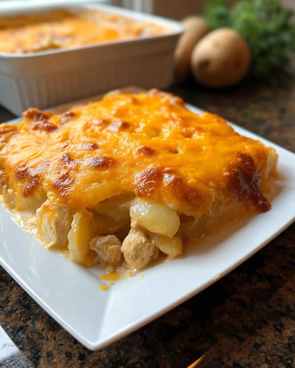 A square serving of Cheesy Chicken Potato Casserole topped with melted, browned cheddar cheese.