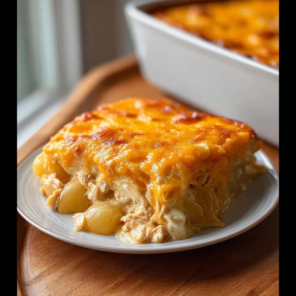 A generous serving of Cheesy Chicken Potato Casserole with golden melted cheese on top, served on a white plate.