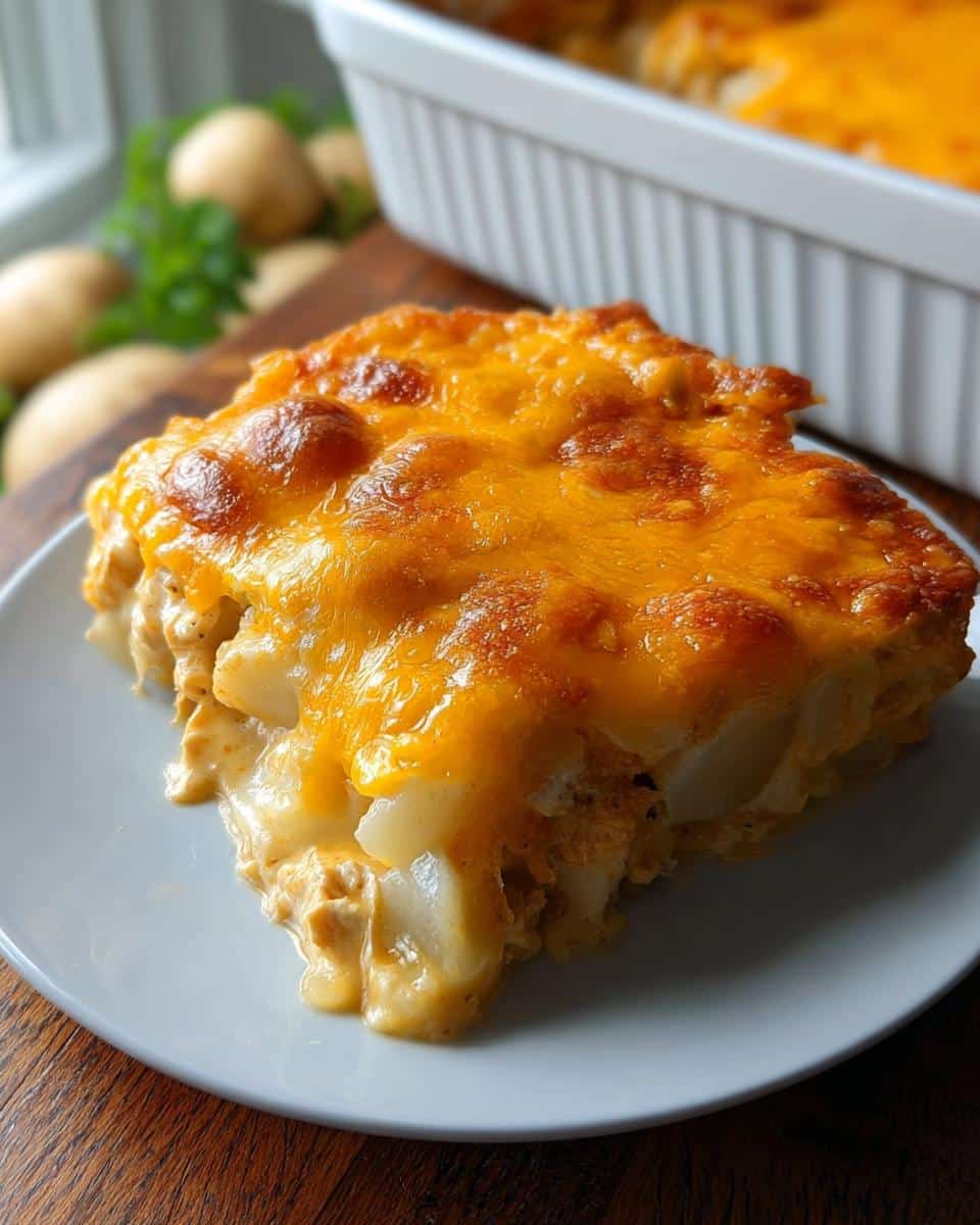 A generous slice of Cheesy Chicken Potato Casserole topped with bubbly, melted cheddar cheese, served on a white plate.