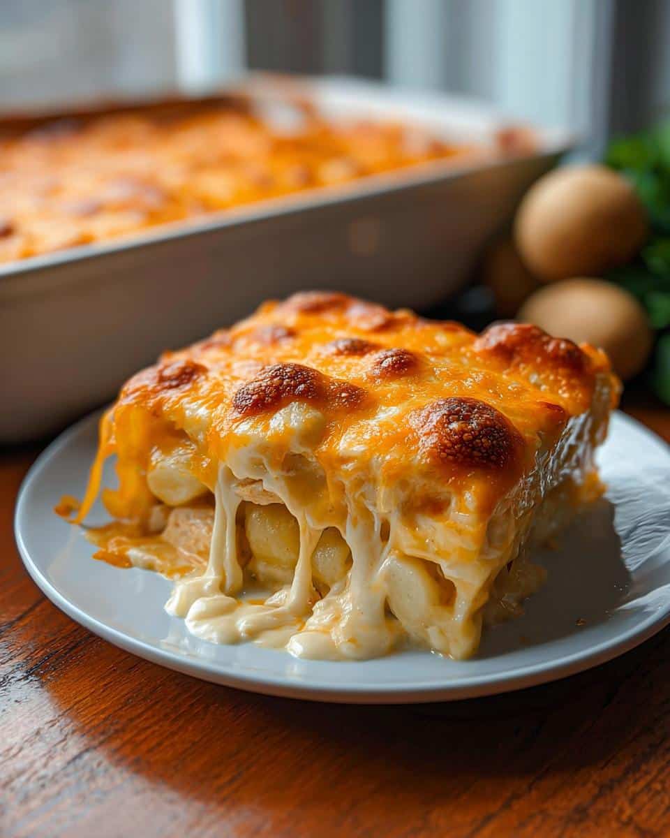 A generous slice of Cheesy Chicken Potato Casserole with gooey, melted cheese dripping onto a white plate.