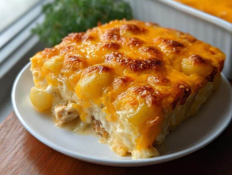 A generous slice of Cheesy Chicken Potato Casserole served on a white plate, featuring layers of potatoes and chicken under melted, bubbly cheddar cheese.