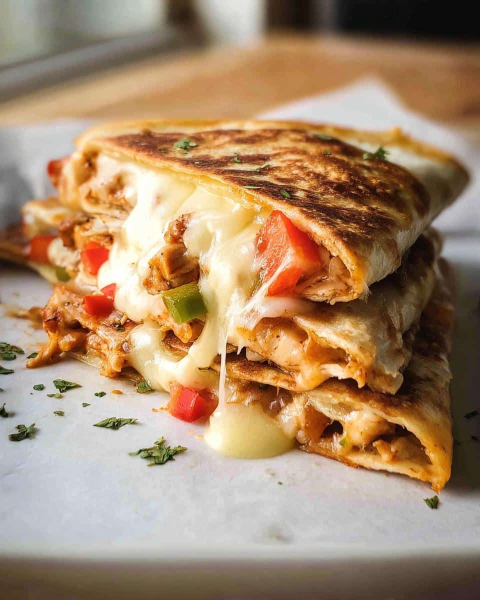 Stack of golden-brown Cheesy Chicken Quesadilla Bake wedges with extreme cheese pull and visible chicken and peppers.