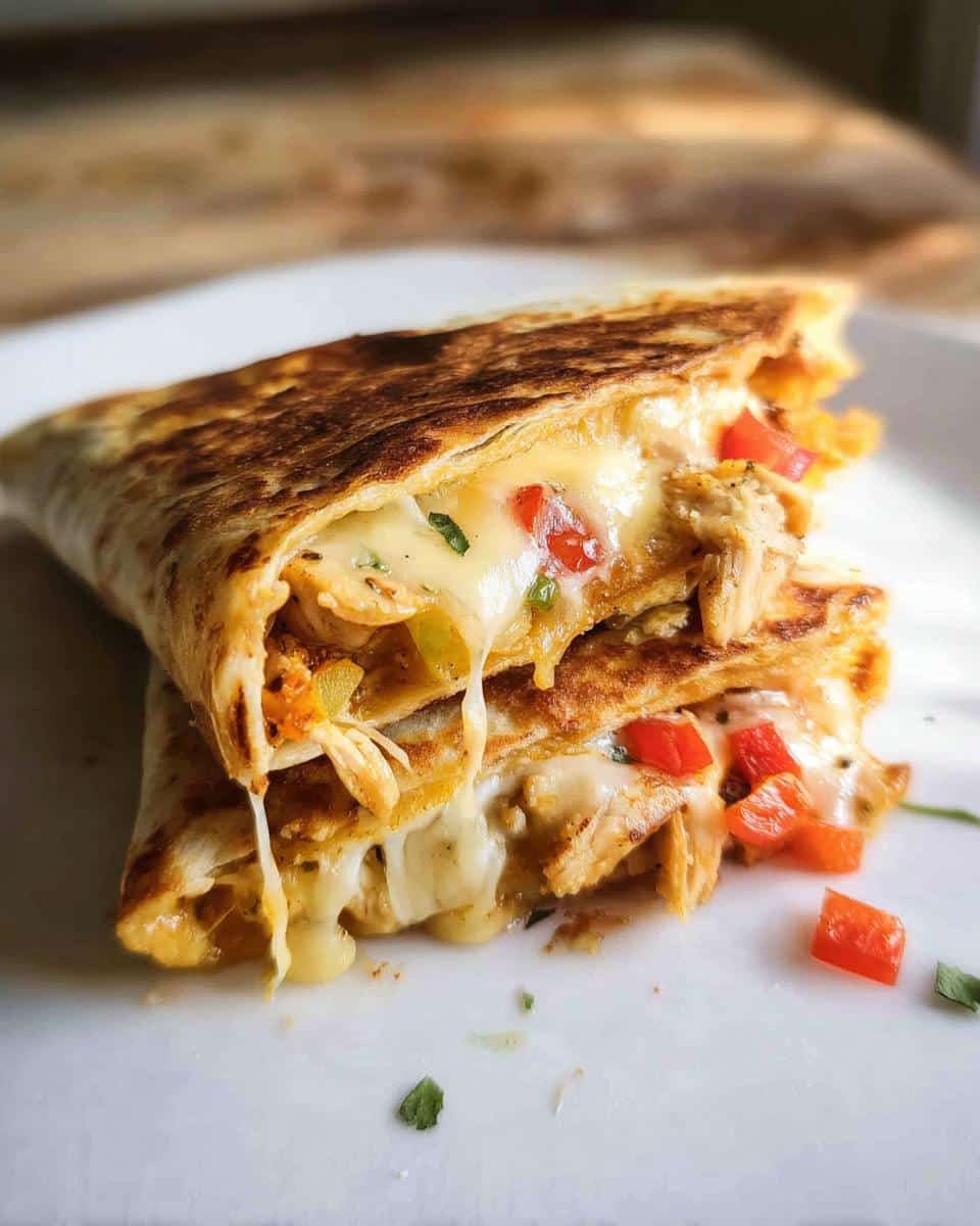 Close-up of a folded Cheesy Chicken Quesadilla Bake slice showing gooey melted cheese and shredded chicken.