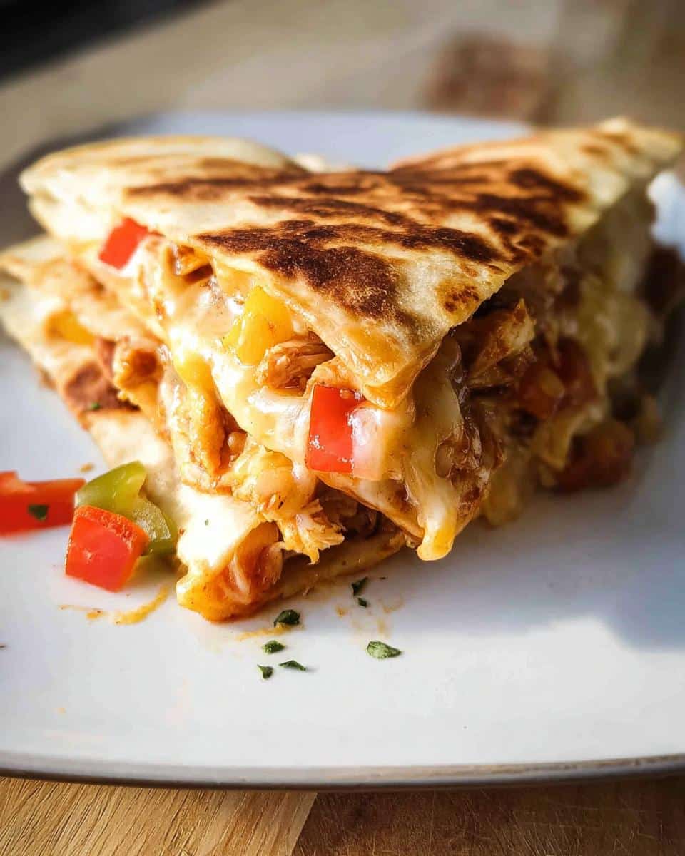 Close-up of stacked Cheesy Chicken Quesadilla Bake slices overflowing with melted cheese, chicken, and diced peppers.