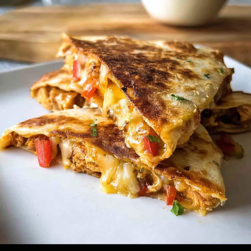 Close-up of golden-brown Cheesy Chicken Quesadilla Bake slices oozing with melted cheese and chicken filling.