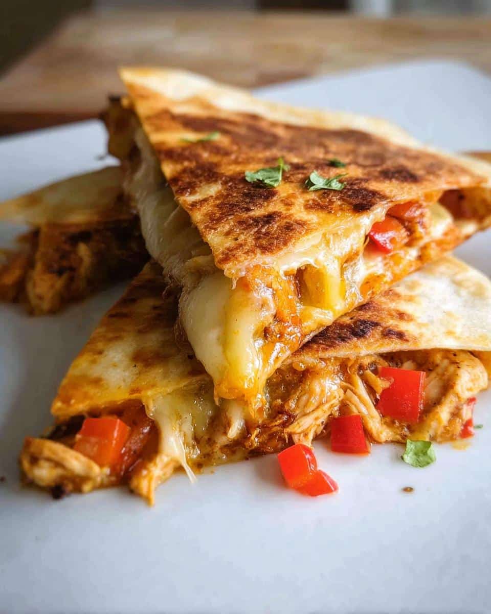 Close-up of two stacked slices of Cheesy Chicken Quesadilla Bake oozing with melted cheese, chicken, and red peppers.